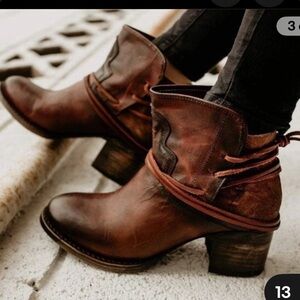 Freebird By Steven Casey Ankle Lace Tie Booties Boots- Brown Cognac Leather- 8